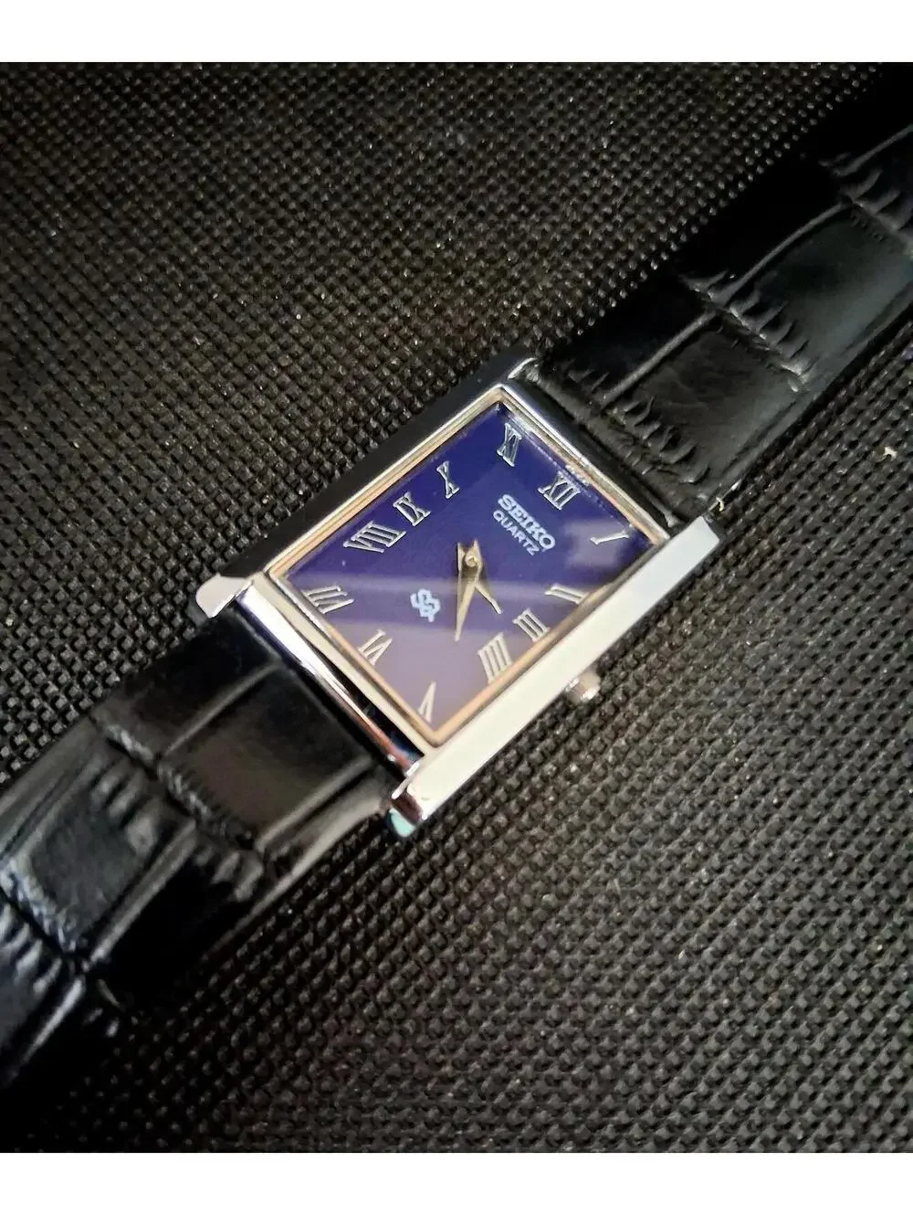 Men's Vintage Blue and Silver Tank Leather Watch RARE